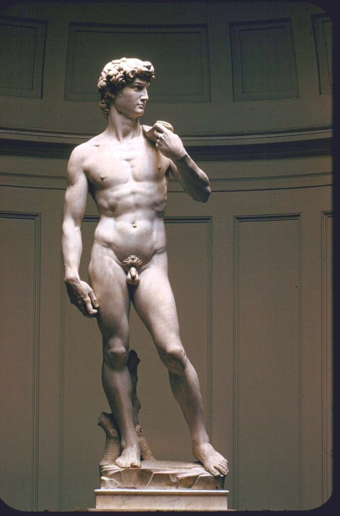 DailyArt Magazine birthday: Michelangelo, David, 1501–1504, Galleria dell’Accademia di Firenze, Florence, Italy. Photogaph by Gjon Mili, © Time Inc. Google Arts & Culture.
