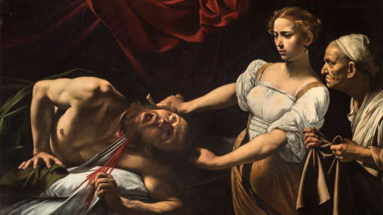 Caravaggio Judith and Holofernes: Caravaggio, Judith and Holofernes, ca. 1598–1602, Galleria Nazionale d’Arte Antica, Palazzo Barberini, Rome, Italy. Detail.
