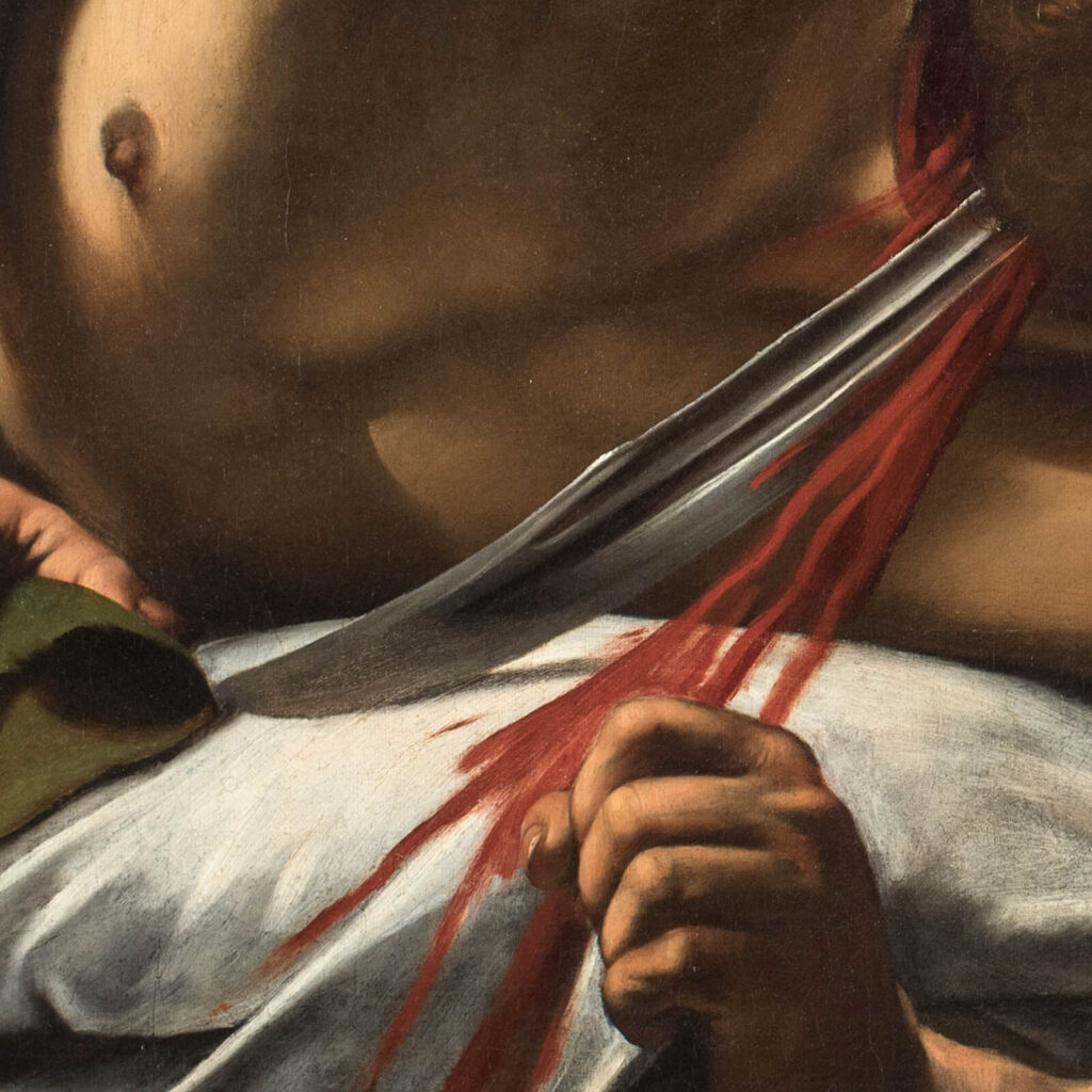 Caravaggio Judith and Holofernes: Caravaggio, Judith and Holofernes, ca. 1598–1602, Galleria Nazionale d’Arte Antica, Palazzo Barberini, Rome, Italy. Detail.

