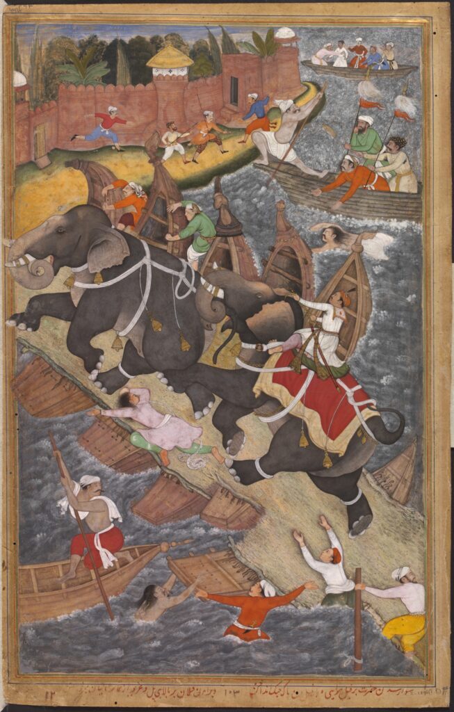 elephants in art: Basawan and Chetar, Akbar, illustration from Akbarnama (Book of Akbar),  ca. 1590–1595, Victoria and Albert Museum, London, UK.
