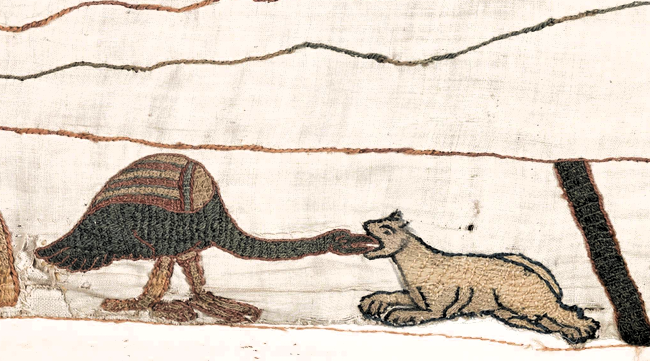 Bayeux Tapestry: Bayeux Tapestry (scene 5), 11th century, Musée de la Tapisserie de Bayeux, Bayeux, France. Detail.
