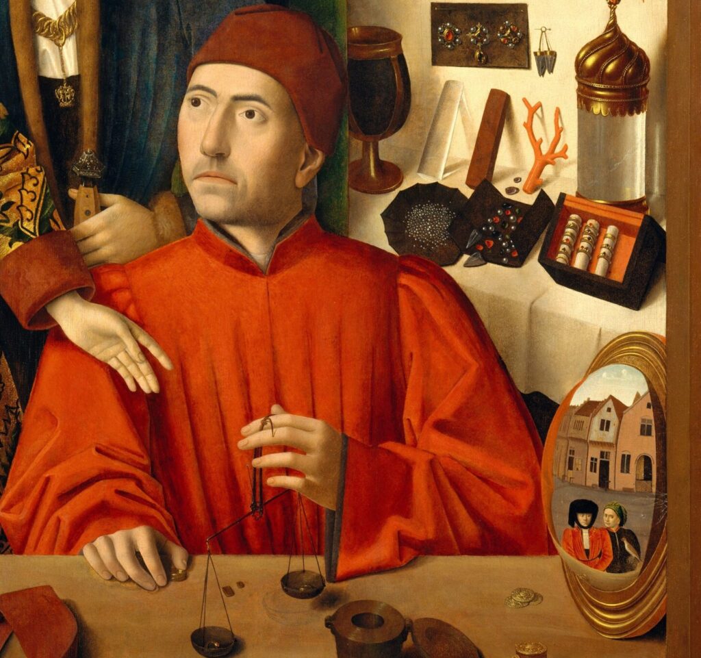 Petrus Christus: Petrus Christus, A Goldsmith in His Shop, 1449, Metropolitan Museum of Art, New York City, NY, USA. Detail.
