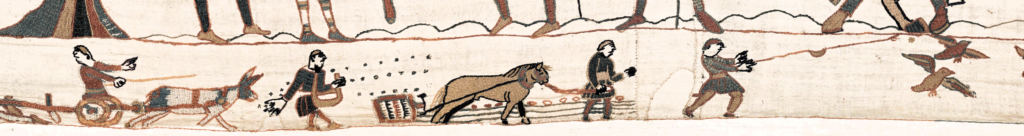 Bayeux Tapestry: Bayeux Tapestry (scene 10), 11th century, Musée de la Tapisserie de Bayeux, Bayeux, France. Detail.
