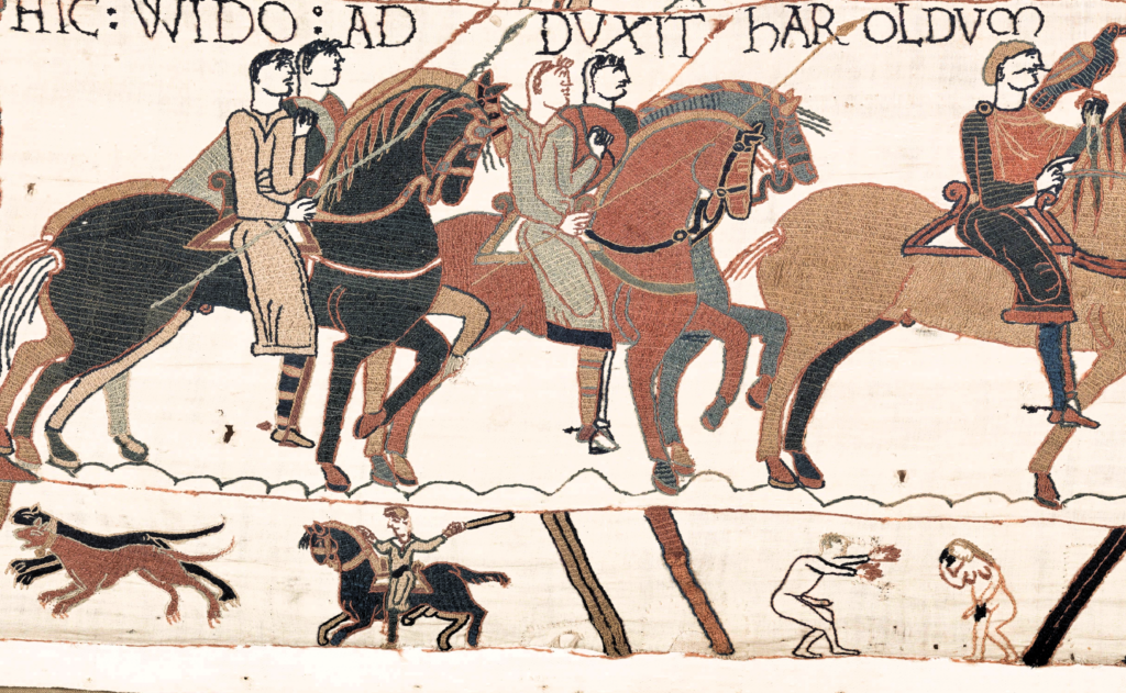 Bayeux Tapestry: Bayeux Tapestry (scene 13), 11th century, Musée de la Tapisserie de Bayeux, Bayeux, France. Detail.
