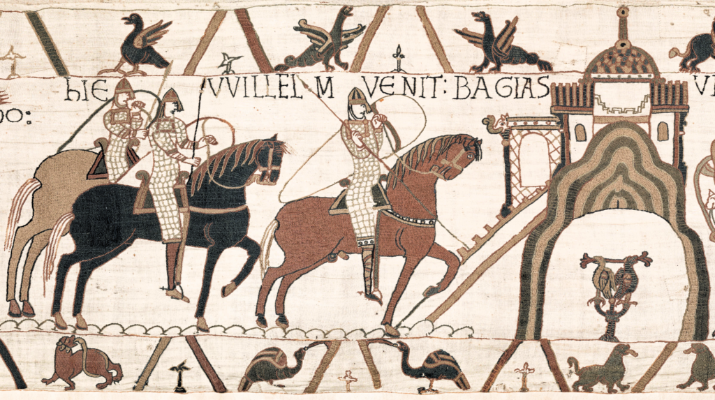 Bayeux Tapestry: Bayeux Tapestry (scene 22), 11th century, Musée de la Tapisserie de Bayeux, Bayeux, France. Detail.

