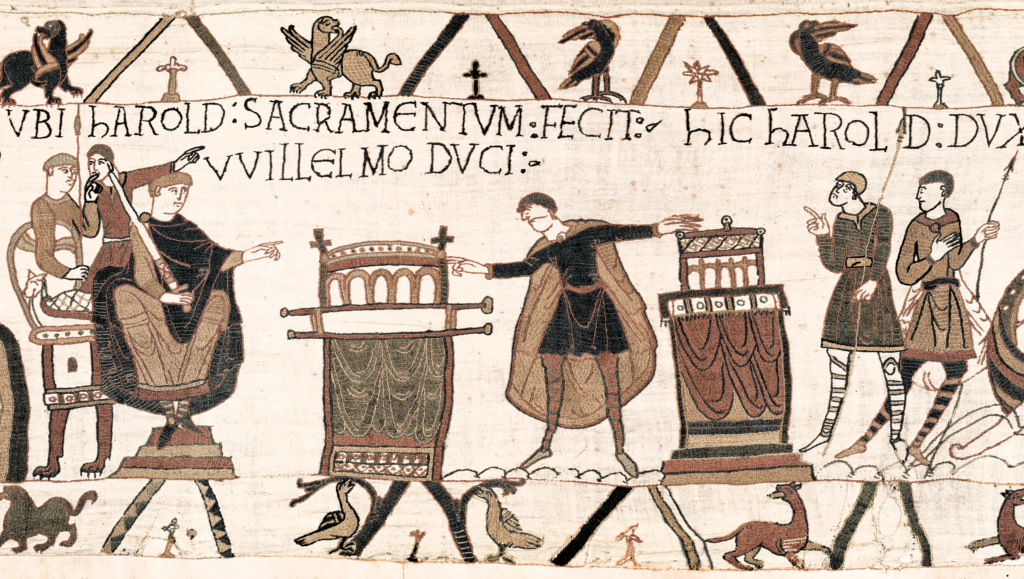 Bayeux Tapestry: Bayeux Tapestry (scene 23), 11th century, Musée de la Tapisserie de Bayeux, Bayeux, France. Detail.
