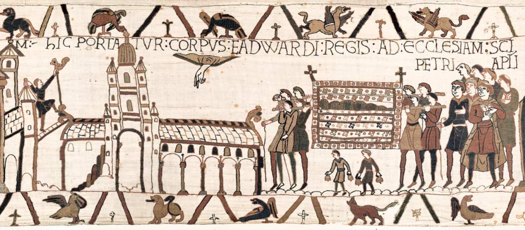Bayeux Tapestry: Bayeux Tapestry (scene 26), 11th century, Musée de la Tapisserie de Bayeux, Bayeux, France. Detail.
