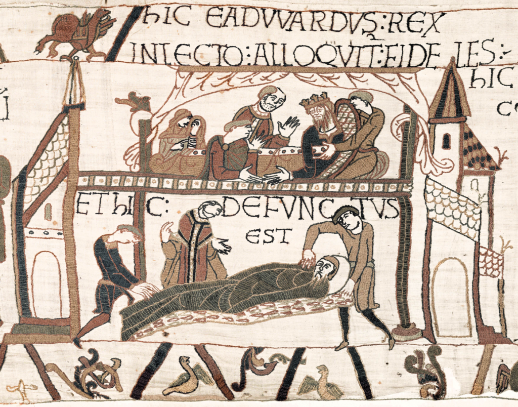 Bayeux Tapestry: Bayeux Tapestry (scene 27-28), 11th century, Musée de la Tapisserie de Bayeux, Bayeux, France. Detail.
