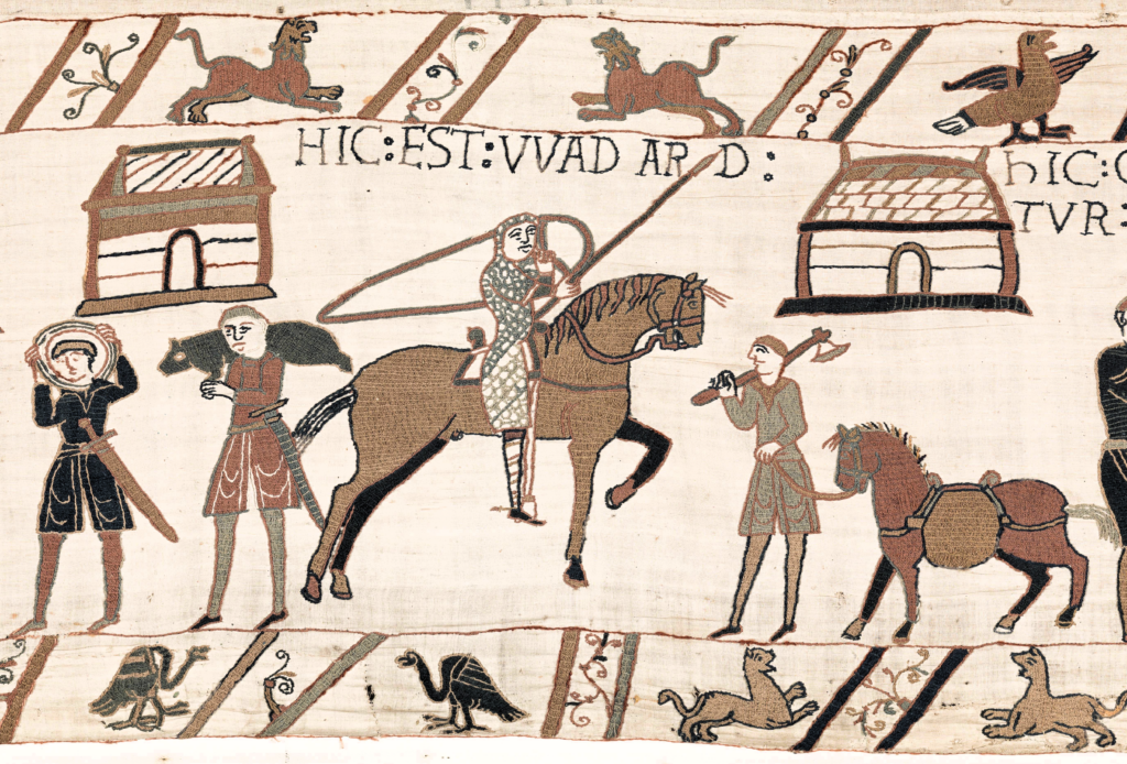 Bayeux Tapestry: Bayeux Tapestry (scene 41), 11th century, Musée de la Tapisserie de Bayeux, Bayeux, France. Detail.

