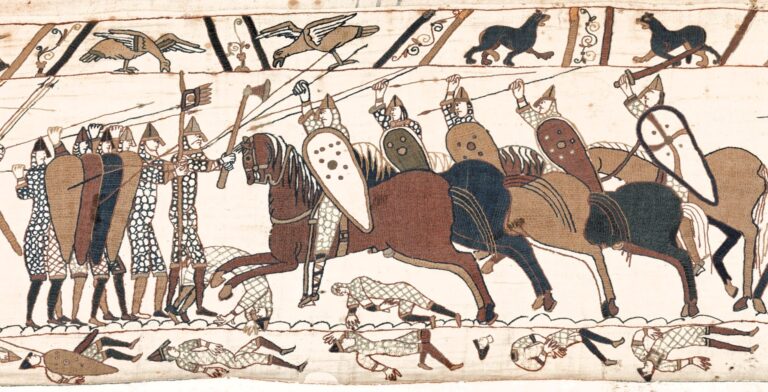 Bayeux Tapestry: Bayeux Tapestry (scene 52), 11th century, Musée de la Tapisserie de Bayeux, Bayeux, France. Detail.

