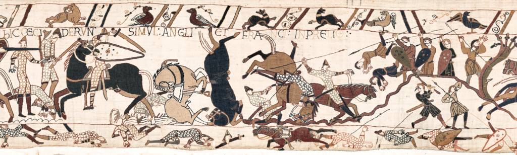 Bayeux Tapestry: Bayeux Tapestry (scene 53), 11th century, Musée de la Tapisserie de Bayeux, Bayeux, France. Detail.
