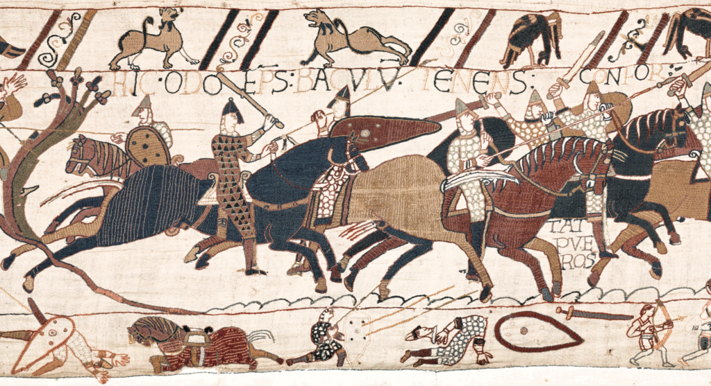 Bayeux Tapestry: Bayeux Tapestry (scene 54), 11th century, Musée de la Tapisserie de Bayeux, Bayeux, France. Detail.
