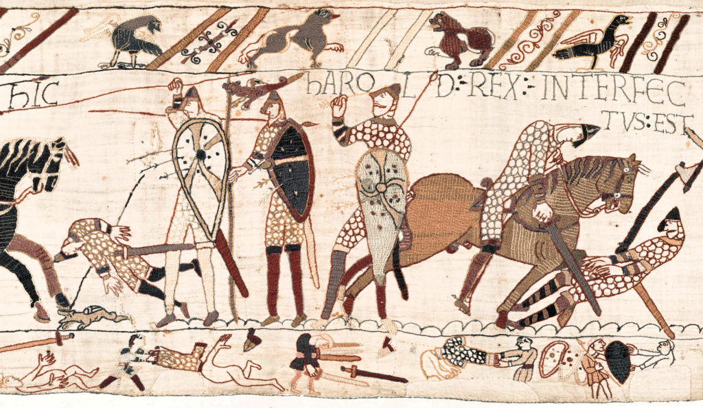 Bayeux Tapestry: Bayeux Tapestry (scene 57), 11th century, Musée de la Tapisserie de Bayeux, Bayeux, France. Detail.
