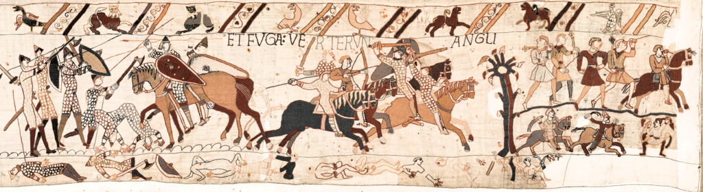 Bayeux Tapestry: Bayeux Tapestry (scene 58), 11th century, Musée de la Tapisserie de Bayeux, Bayeux, France. Detail.
