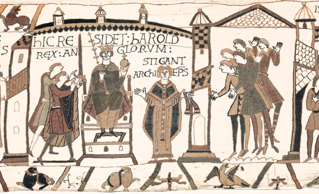 Bayeux Tapestry: Bayeux Tapestry (scene 30-31), 11th century, Musée de la Tapisserie de Bayeux, Bayeux, France. Detail.
