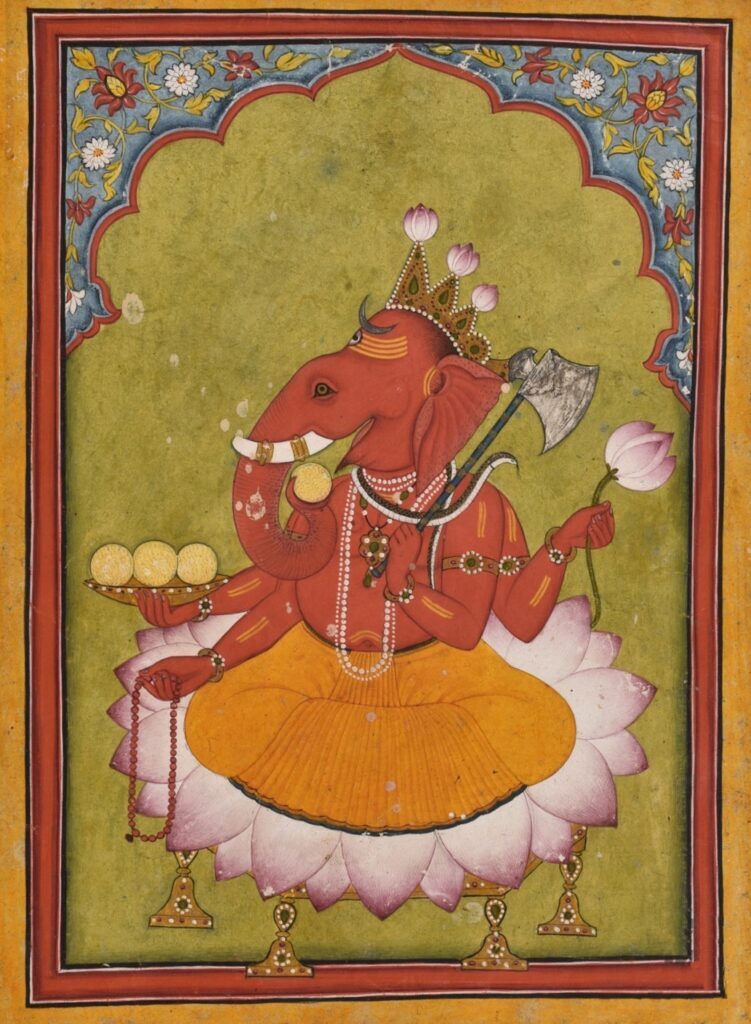 elephants in art: Lord Ganesha relishing modakas, ca. 1730, National Museum, New Delhi, India. Wikimedia Commons (public domain).
