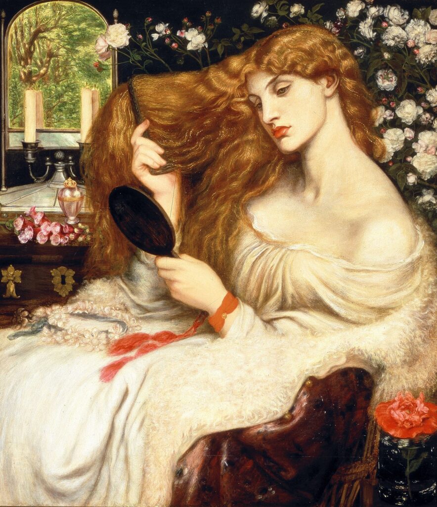 mirrors in art: Mirrors in art: Dante Gabriel Rossetti, Lady Lilith, 1866–1873, Delaware Art Museum, Wilmington, DE, USA.
