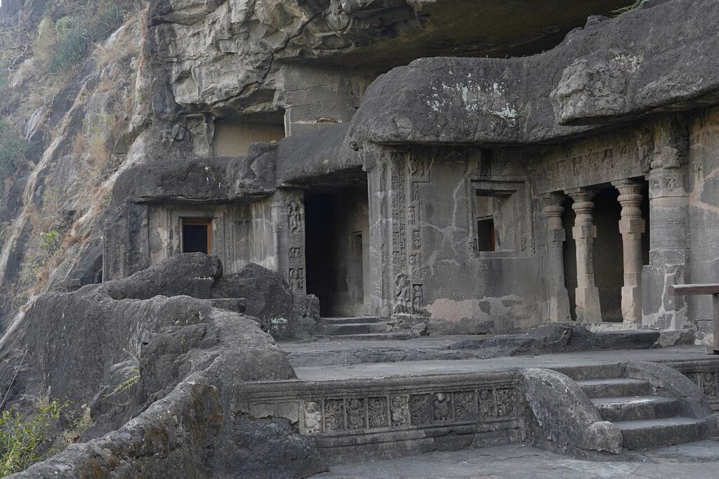 Ajanta caves: Exterior view of Cave 26, Ajanta Caves, Maharashtra, India. Photograph by Amitabha Gupta via Wikimedia Commons (CC-BY-SA-4.0).
