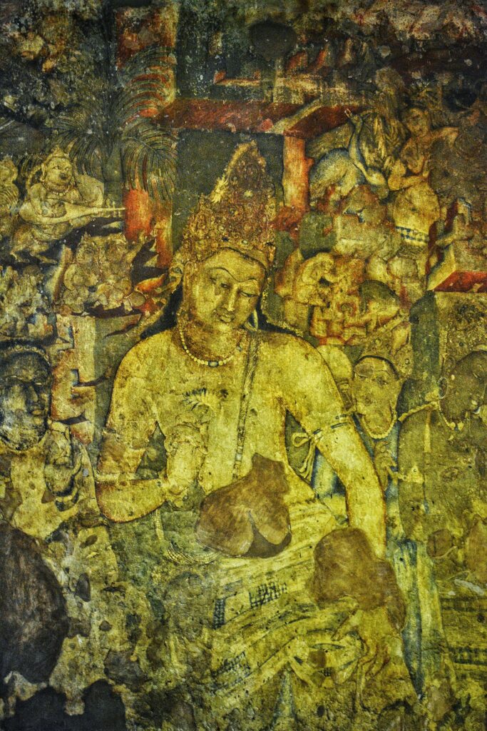 Ajanta caves: Painting of Bodhisattva Padmapani, Cave 1, Ajanta Caves, Maharashtra, India. Photograph by Abhideo21 via Wikimedia Commons (CC-BY-SA-4.0).
