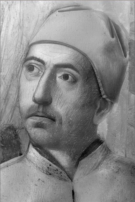 Petrus Christus: Petrus Christus, A Goldsmith in His Shop, 1449, Metropolitan Museum of Art, New York City, NY, USA. Underlying drawing. Detail.
