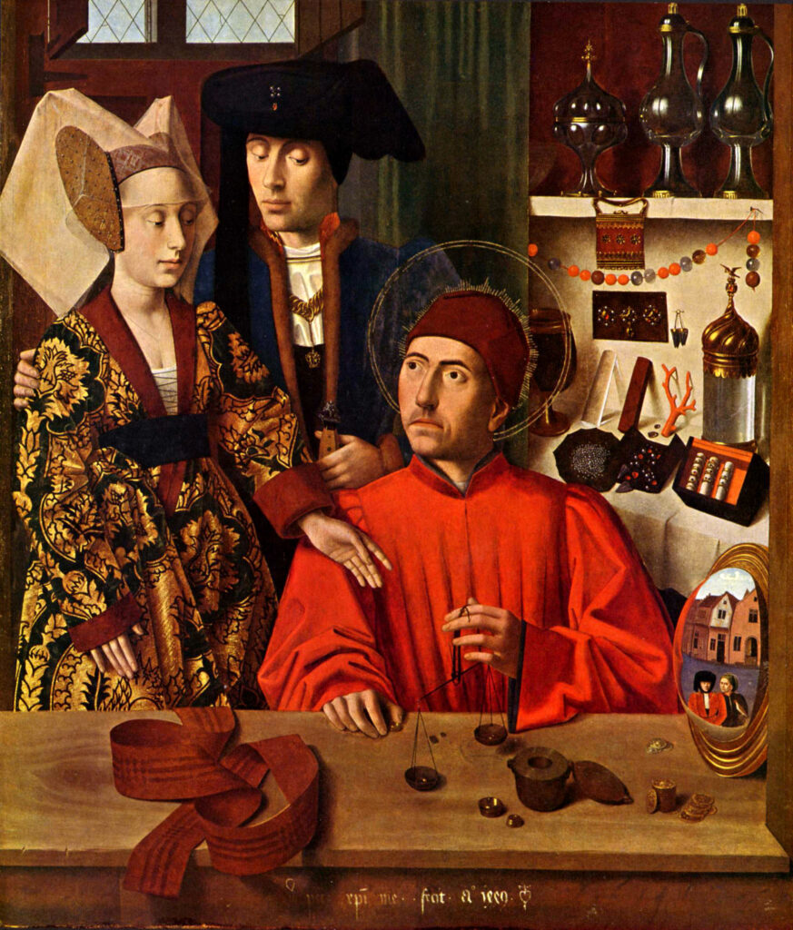 Petrus Christus: Petrus Christus, A Goldsmith in His Shop, 1449, Metropolitan Museum of Art, New York City, NY, USA. Painting before removing the halo. Wikimedia Commons (public domain).
