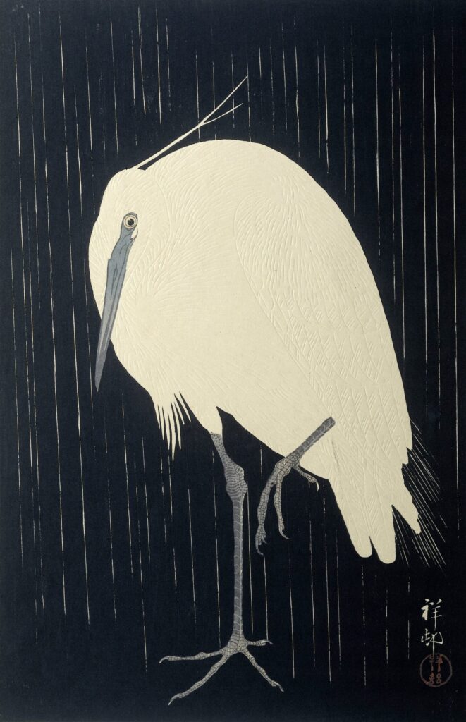 Animals in Japanese art: Ohara Koson, Egret in the Rain, 1925–1936, Rijksmuseum, Amsterdam, Netherlands.
