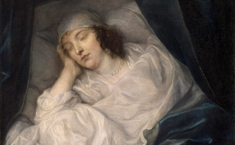 Venetia on Her Deathbed: Anthony van Dyck, Venetia, Lady Digby, on Her Deathbed, 1633, Dulwich Picture Gallery, London, UK. Wikimedia Commons (public domain). Detail.
