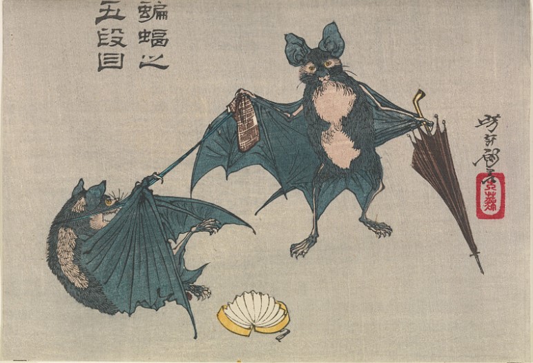 Animals in Japanese art: Tsukioka Yoshitoshi, Komori no godanme (Bats in the Fifth Act of “Chushingura”) from an untitled series known as Yoshitoshi ryakuga (Sketches by Yoshitoshi), 1880–1883, Fine Arts Museums of San Francisco, San Francisco, CA, USA.
