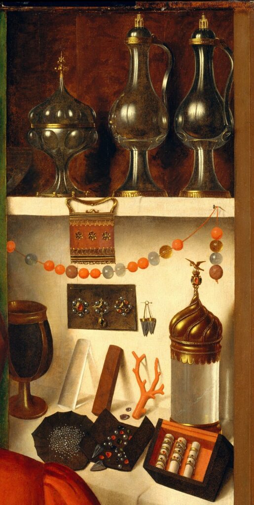 Petrus Christus: Petrus Christus, A Goldsmith in His Shop, 1449, Metropolitan Museum of Art, New York City, NY, USA. Detail.
