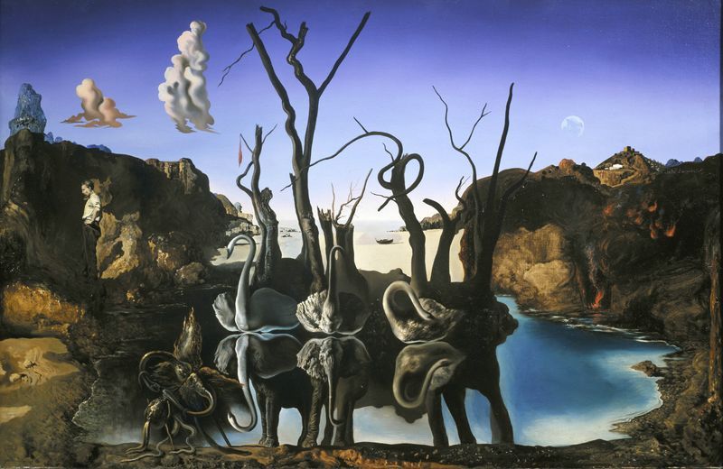 elephants in art: Salvador Dalí, Swans Reflecting Elephants, 1937, private collection. Fundació Gala-Salvador Dalí.
