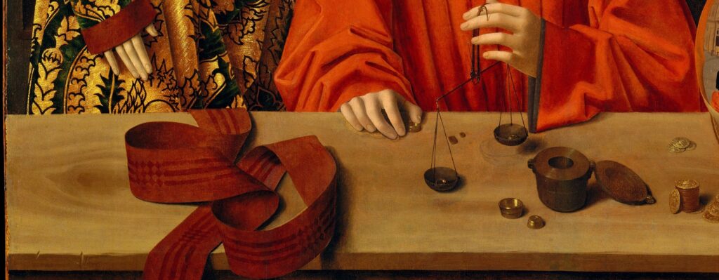 Petrus Christus: Petrus Christus, A Goldsmith in His Shop, 1449, Metropolitan Museum of Art, New York City, NY, USA. Detail.
