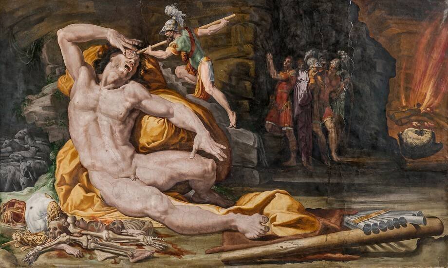 Odyssey in Art: Pellegrino Tibaldi, Ulysses Blinding Polyphemus, c. 1549–1551, Palazzo Poggi, Bologna, Italy.
