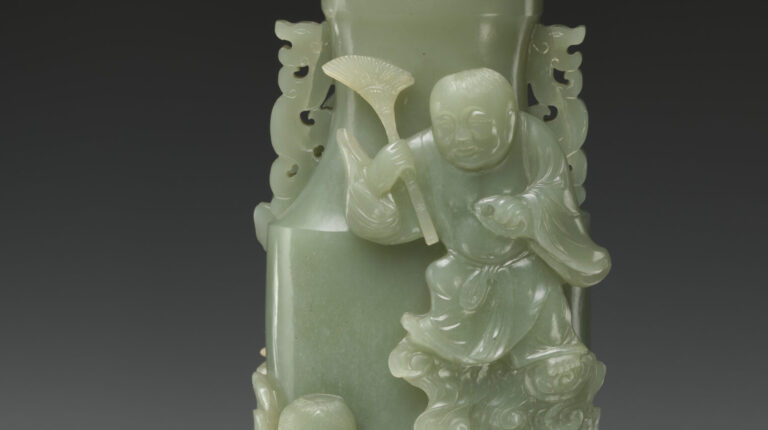 Jade art: Covered nephrite vase with figures of immortals, China, 18th–19th century, Metropolitan Museum of Art, New York City, NY, USA. Detail.
