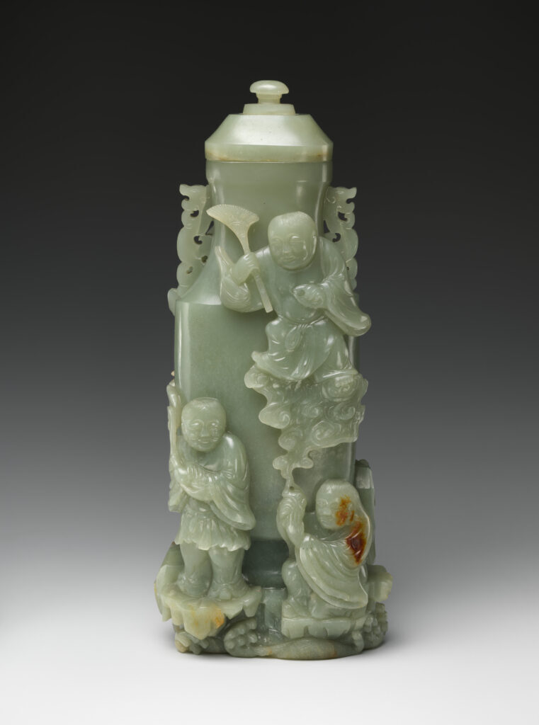 Jade art: Jade art: Covered nephrite vase with figures of immortals, China, 18th–19th century, Metropolitan Museum of Art, New York City, NY, USA.
