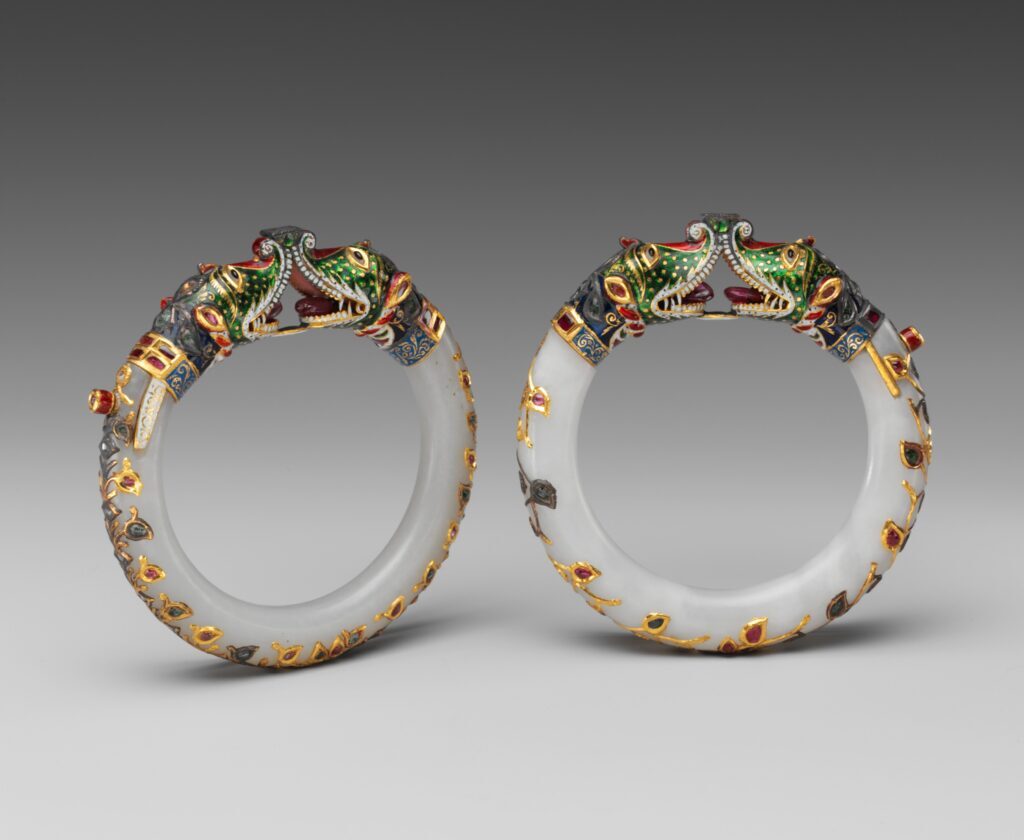 Jade art: Jade art: Nephrite bracelet with gold, enamel, and stone inlays, Mughal India, ca. 18th–19th century, Metropolitan Museum of Art, New York City, NY, USA.
