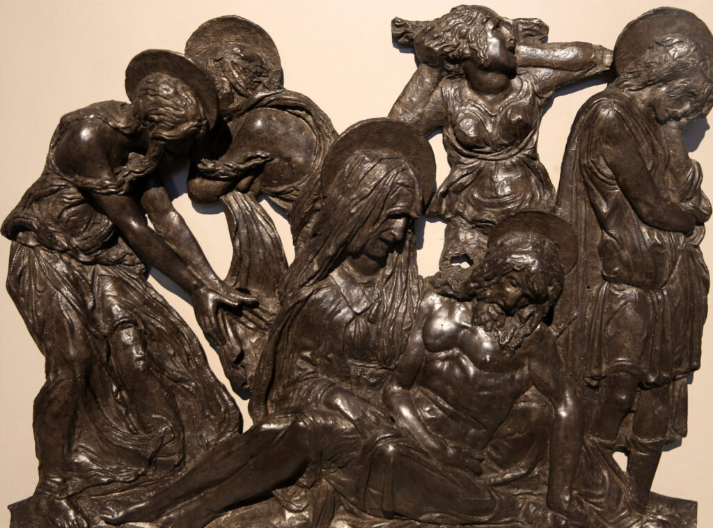 donatello sculptures: Donatello, Lamentation over the Dead Christ, 1455–1460, Victoria and Albert Museum, London, UK. Photograph by Francesco Bini via Wikimedia Commons (CC BY-SA 4.0).
