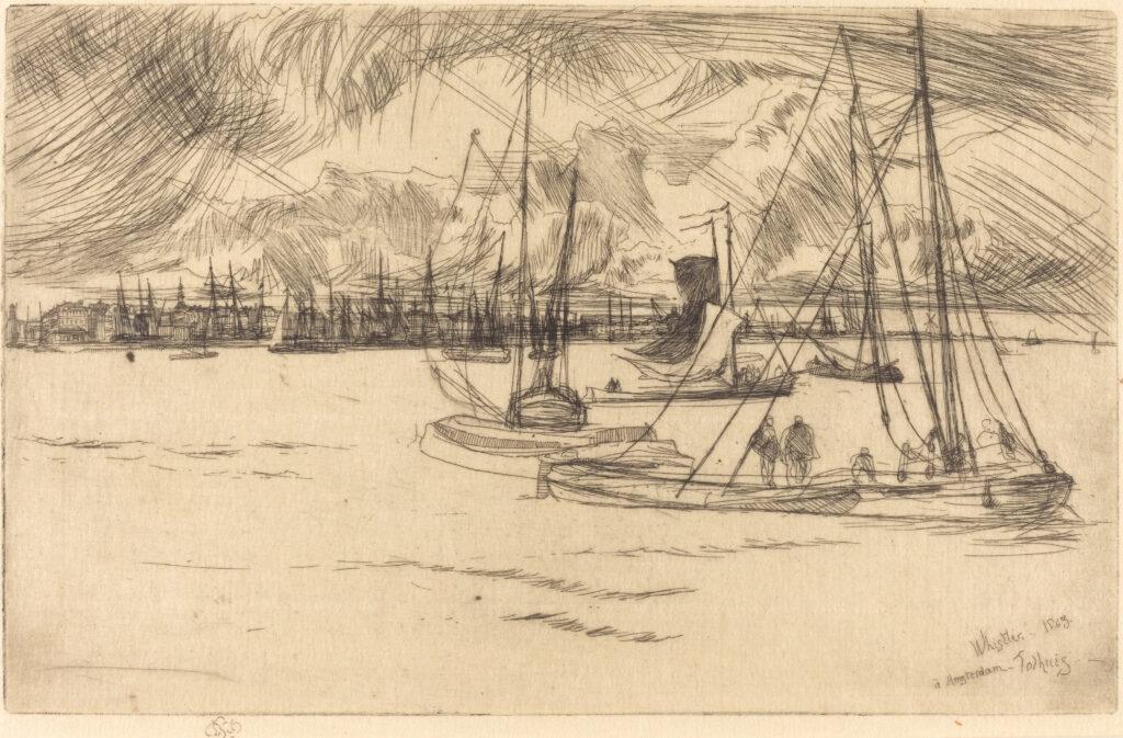 whistler and the netherlands: James Abbott McNeill Whistler, Amsterdam, from the Tolhuis, 1863, National Gallery of Art, Washington, DC, USA. Wikimedia Commons (CC0).
