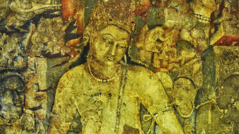 Ajanta caves: Painting of Bodhisattva Padmapani, Cave 1, Ajanta Caves, Maharashtra, India. Photograph by Abhideo21 via Wikimedia Commons (CC-BY-SA-4.0). Detail.
