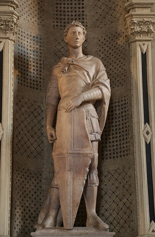 donatello sculptures: Donatello, Saint George, 1416–1417, Bargello, Florence, Italy. Photograph by Rufus46 via Wikimedia Commons (CC BY-SA 3.0).
