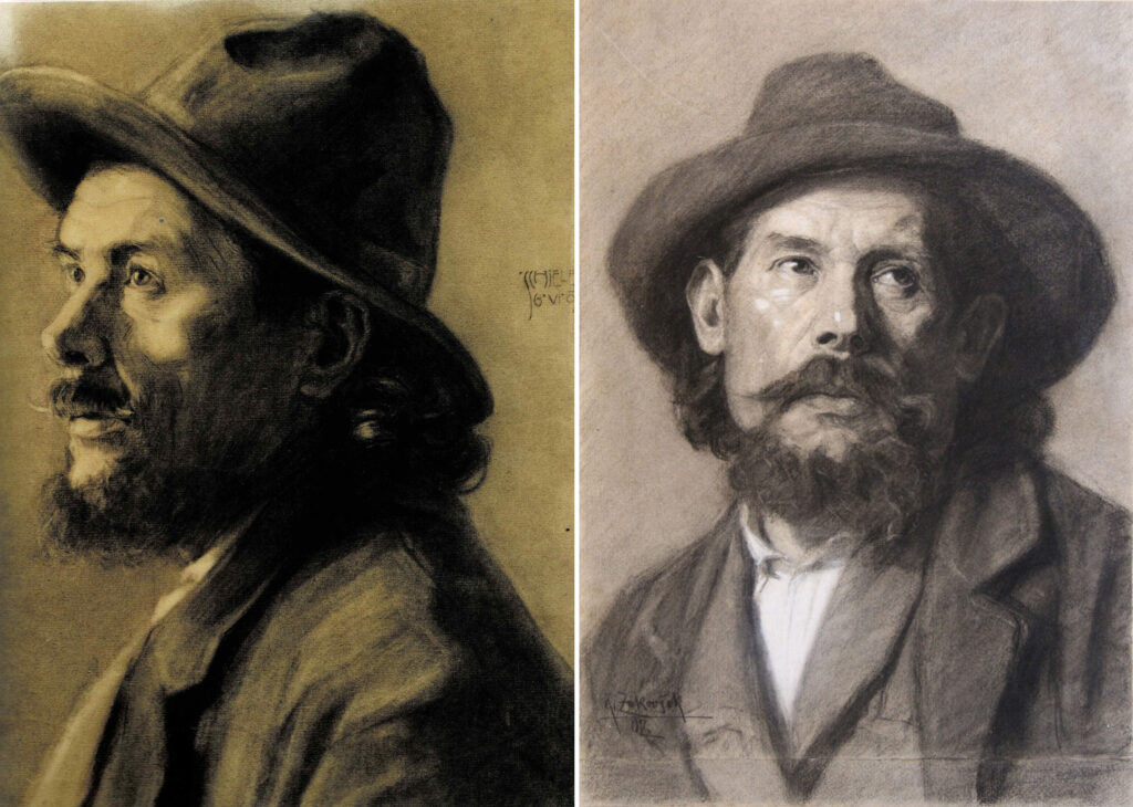 Karl Zakovsek: Left: Egon Schiele, Head of a Bearded Man with a Hat, 1907, charcoal on paper, private collection; Right: Karl Zakovsek, Academic Study of a Man with a Hat, 1907, charcoal on paper, private collection, Zakovsek family archive, Vienna, Austria. Courtesy of the Zakovsek family.
