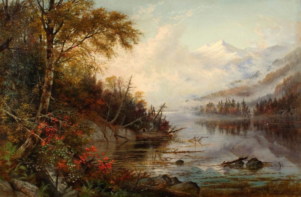autumn landscapes: Susie M. Barstow, Mountain Lake in Autumn, 1873, private collection. Thomas Cole National Historic Site.
