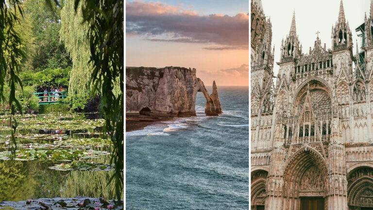 Places from Iconic Paintings: From left to right: Claude Monet’s garden, Giverny, France. Photograph by Júlia Barbon via Wikimedia Commons (CC BY-SA 3.0). Detail; Étretat, France. Photograph by Allyson Beaucourt via Unsplash. Detail; Rouen Cathedral, France. Photograph by Charlie Houston via Unsplash. Detail.
