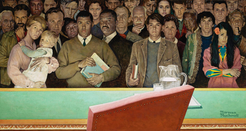 norman rockwell illustrations: Norman Rockwell, The Right to Know, 1968, private collection. Norman Rockwell Museum.
