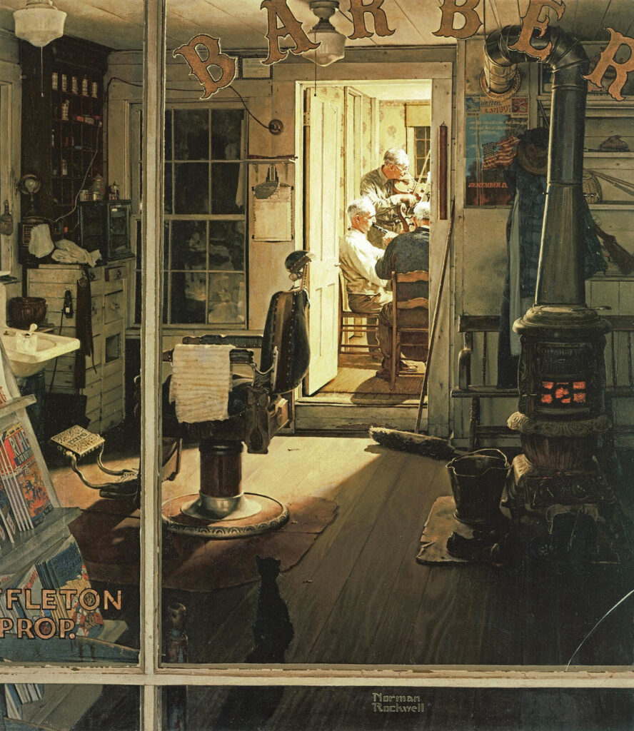 norman rockwell illustrations: Norman Rockwell, Shuffleton’s Barbershop, 1950, Lucas Museum of Narrative Art, Los Angeles, CA, USA.
