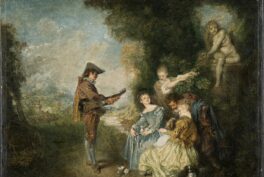 Painting of young people gathering in nature.