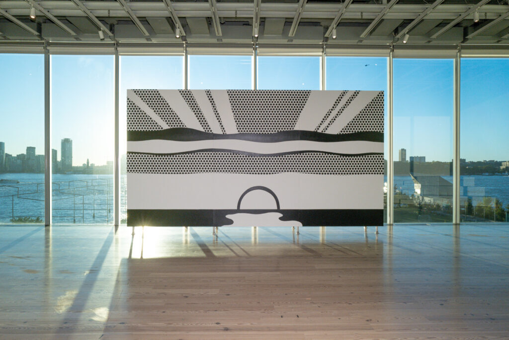 Roy Lichtenstein Like New: Installation view of Roy Lichtenstein: Like New, Whitney Museum of American Art, October 11, 2026–May 10, 2027, New York. Roy Lichtenstein, Super Sunset Billboard, 1967/2026 (Recreation by Alex Da Corte studio) © Estate of Roy Lichtenstein. Photograph by Jason Lowrie; Yvonne Tnt/BFA.com.
