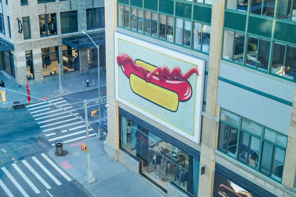 Roy Lichtenstein Like New: Installation view of Roy Lichtenstein: Like New, Whitney Museum of American Art, October 11, 2026–May 10, 2027, New York. Alex Da Corte, Hot Dog with Ketchup, 2026. Photograph by Jason Lowrie/BFA.com.
