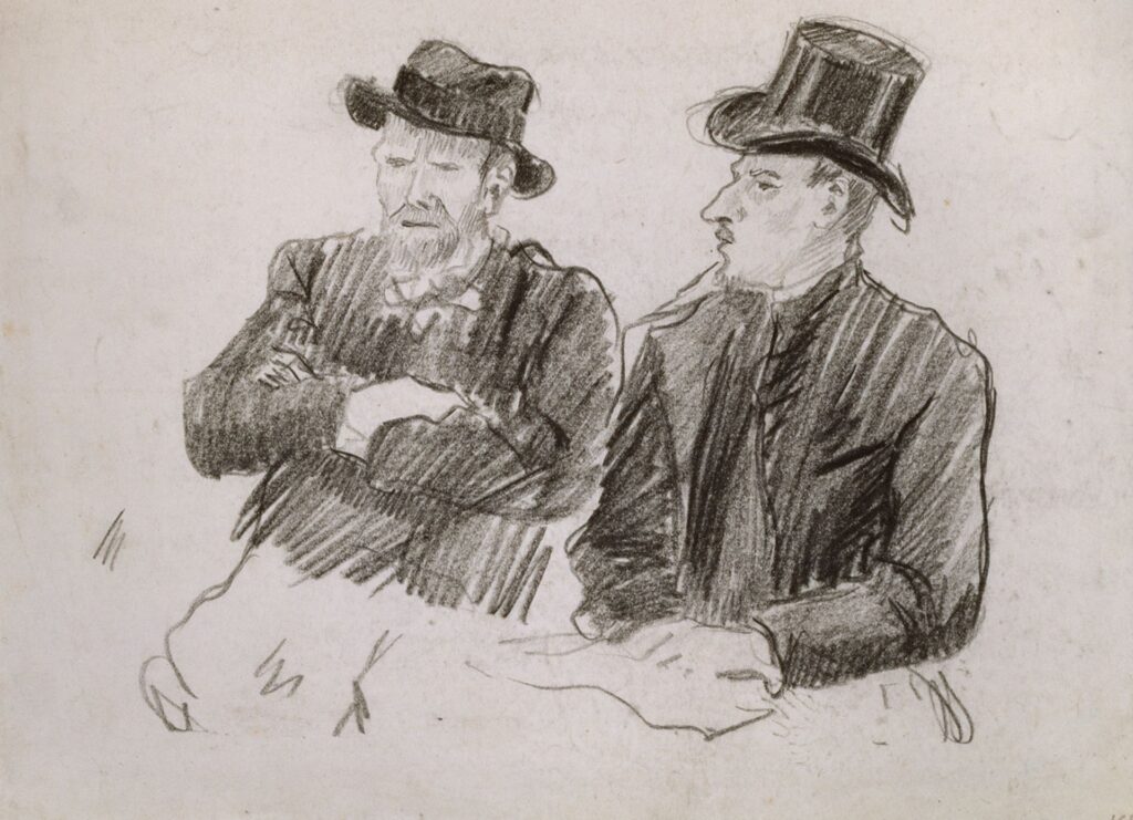 Widow Van Gogh: Lucien Pissarro, Drawing of Vincent and Theo van Gogh in a conversation, 1887, Ashmolean Museum, Oxford, UK. Wikimedia Commons (public domain).
